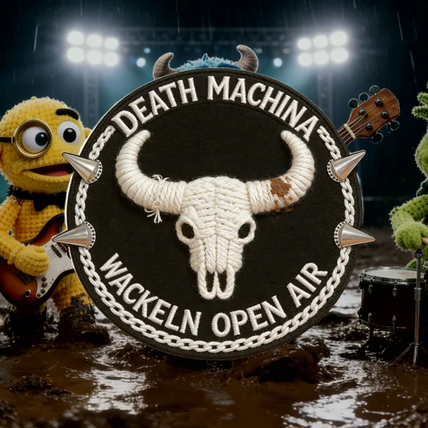 Cover-Artwork zu „Wir wackeln nach Wacken“ — gehäkelter Aufnäher mit Rinderschädel