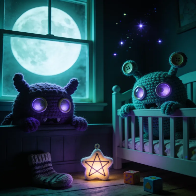 Cover-Artwork zu „Mitternacht im Kinderzimmer“ — gehäkelte Monster bei Mondlicht